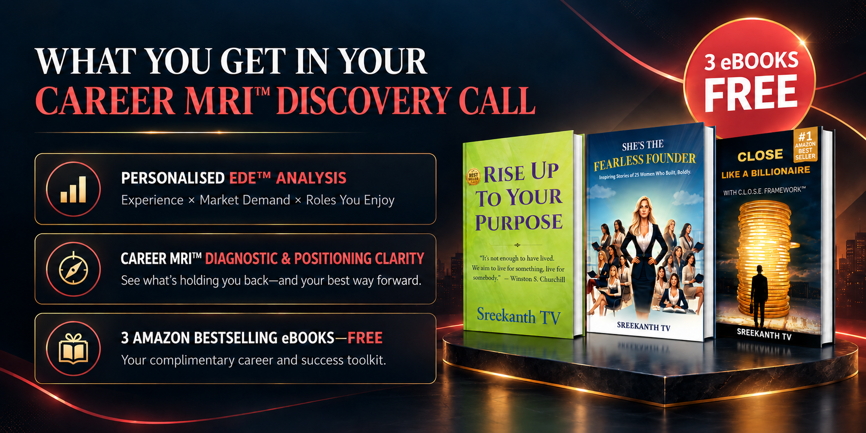What you get in your Career MRI™ Discovery Call: Personalised EDE™ Analysis, Career MRI™ Diagnostic & Positioning Clarity, and three Amazon bestselling eBooks free